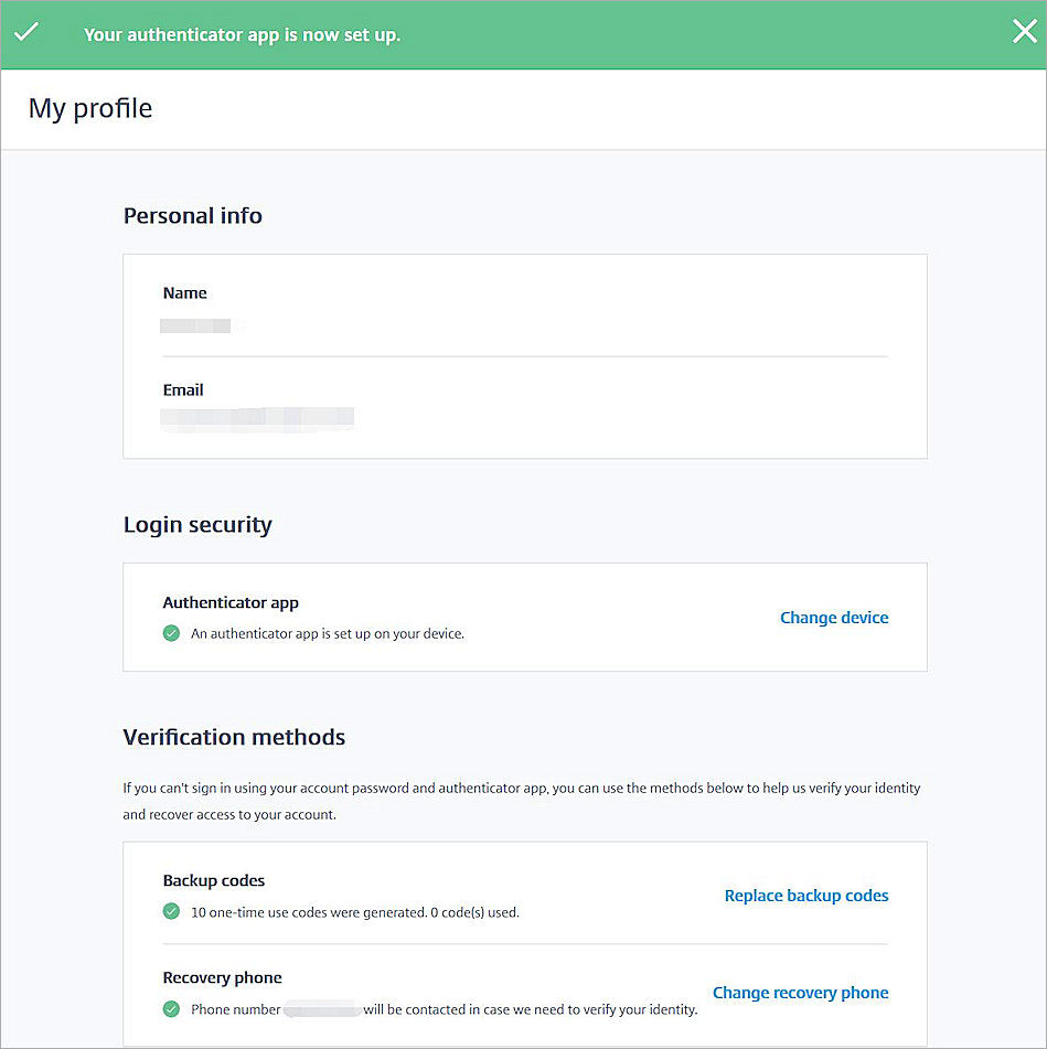 Screen shot of the change success message